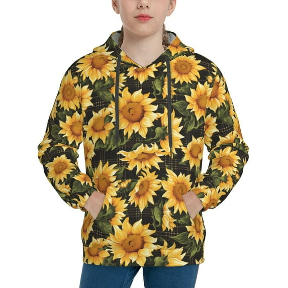 Kdxio Vintage Black Plaid Sunflower Pattern Boys Athletic Unisex Boys Girls Hoodie with Pocket Sweatshirts-X-Large