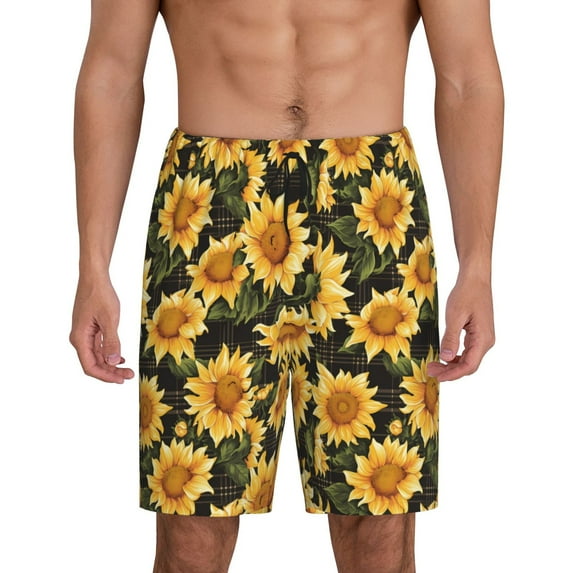 Kdxio Vintage Black Plaid Sunflower Print Mens Sleep Shorts Bottoms Soft Comfy Pajama Wear Pants with Drawstring Pockets