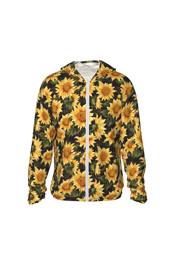 Vintage Black Plaid Sunflower Print Women Men Sun Protection UPF 50+ Jackets Zip Up Long Sleeve Hoodie Hiking Lightweight with Pockets