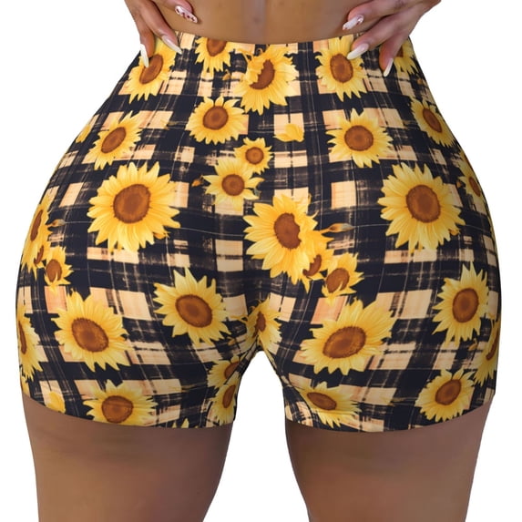 Kdxio Vintage Black White Plaid Sunflowe Print Workout Shorts for Women Seamless Soft Smooth Gym Yoga Scrunch Active Shorts