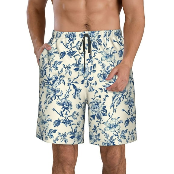 Kdxio Vintage Blue Floral Pattern Mens Casual Shorts - Drawstring Summer Beach Sports Shorts for Men
