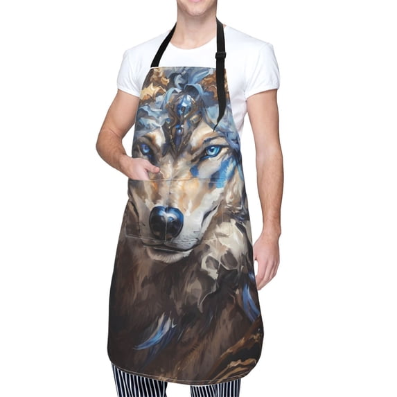 Kdxio Vintage Blue Floral Wolf Apron with Pockets Adjustable Kitchen Aprons for Men Women Waterproof Aprons for Cooking,Drawing,Crafting, Baking Household Cleaning
