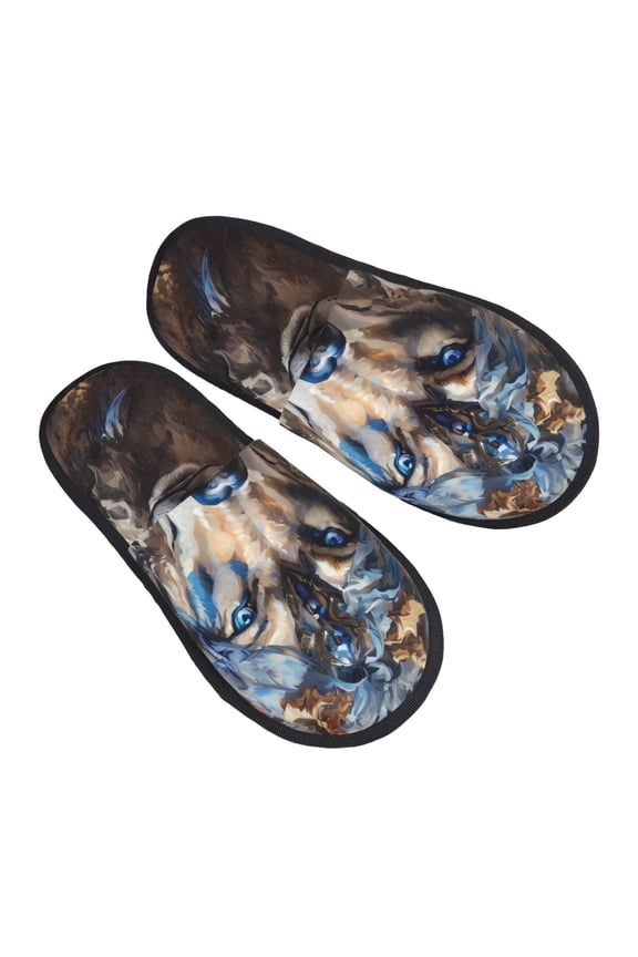 Vintage Blue Floral Wolf Pattern Slippers for Women Memory Foam Fuzzy House Slippers Bedroom Non-slip Warm Womens Slippers