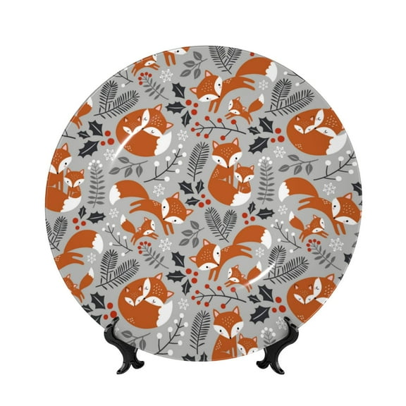 Kdxio Vintage Blue Fox Family A Bone China Decorative Plate Ceramic Decorative Plate for Home Office Wall Stand Decorative Plates for Home Bedroom-7in