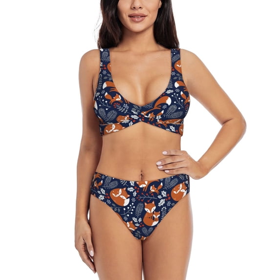 Kdxio Vintage Blue Fox Family Print Women's 2 Piece High Waisted Wrap Spaghetti Strap Summer Swimsuit Bikini Set-Small