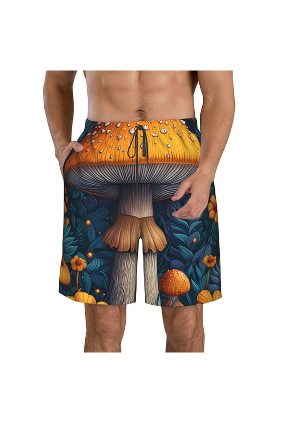 Vintage Blue Leaf Mushroom Pattern Mens Casual Shorts - Drawstring Summer Beach Sports Shorts for Men