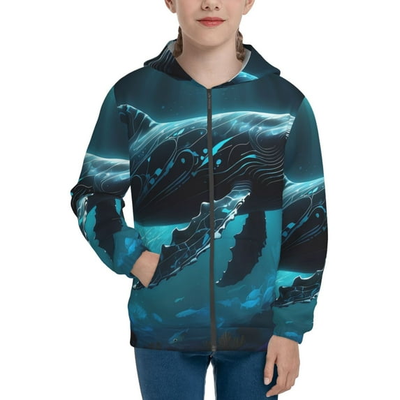 Kdxio Vintage Blue Pattern Whale Pattern Kids Boys Girls Zip Up Hoodie 3D Printed Hooded Sweatshirt Hoody Coat with Pocket 7-12 Y-Medium