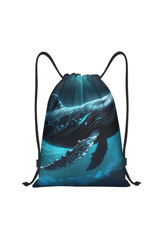 Vintage Blue Pattern Whale Print Drawstring Backpack Bag,Waterproof Draw String Back Sack, Gym Drawstring Bags Swim Bag For Unisex