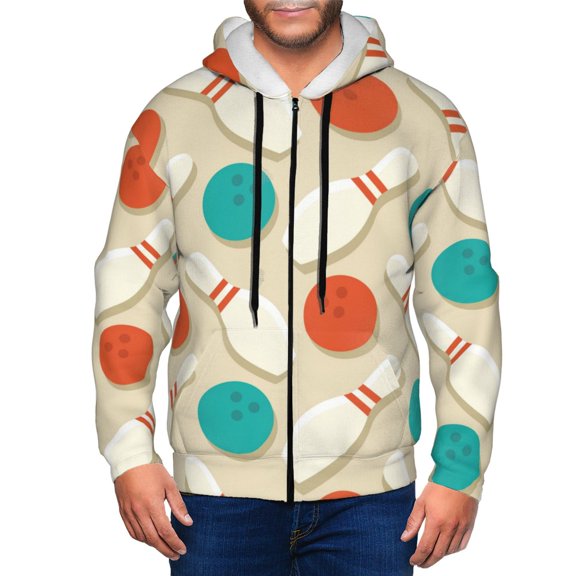 Kdxio Vintage Bowling Print Men Hoodies Casual Hoodies for Men with Zip Pockets Full Zip Long Sleeve Sweatshirt Sports Hooded Jacket-Medium