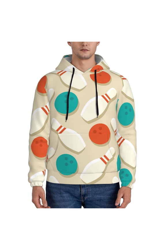 Vintage Bowling Print Mens Casual Hooded Collar Drawstring Hoodies Pullover Sweatshirts Casual Long Sleeve Shirts-Medium