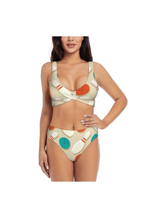 Vintage Bowling Print Women's 2 Piece High Waisted Wrap Spaghetti Strap Summer Swimsuit Bikini Set-Small