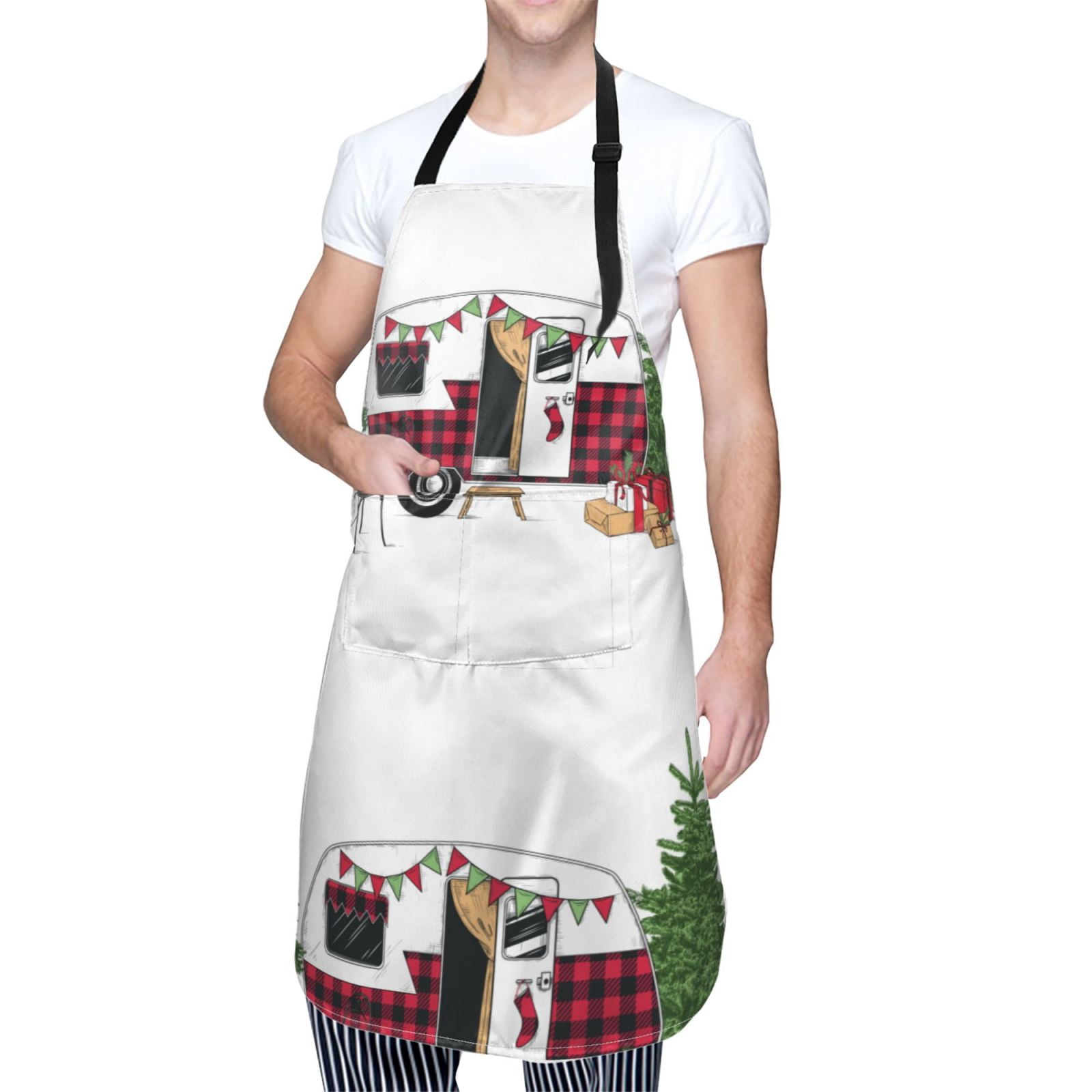 Kdxio Vintage Buffalo Plaid Christmas Camper Apron with Pockets Adjustable Kitchen Aprons for Men Women Waterproof Aprons for Cooking,Drawing,Crafting, Baking Household Cleaning