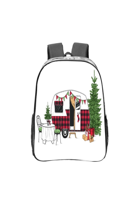Vintage Buffalo Plaid Christmas Camper Clear Backpack, Transparent Bookbag for School for Women Men, Capacity Clear Bag for College, Travel
