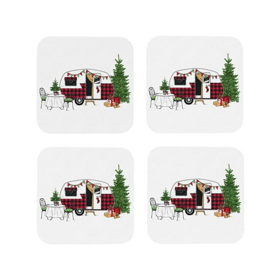 Kdxio Vintage Buffalo Plaid Christmas Camper Funny Coasters,4 Pcs Leather Coasters,Housewarming Gifts,Protect Furniture From Water Marks Scratch And Damage