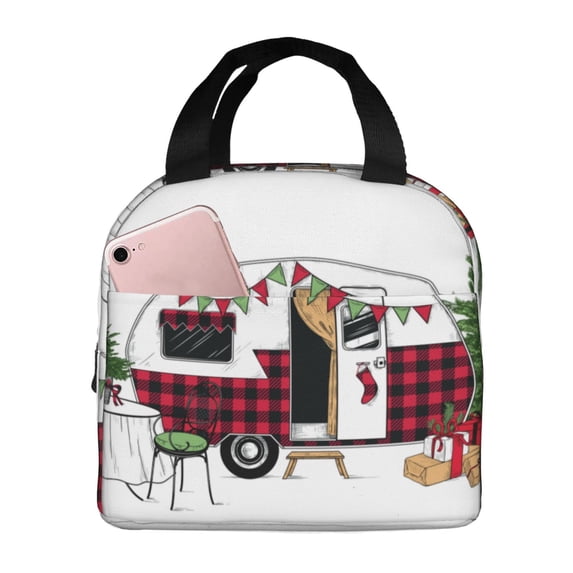 Kdxio Vintage Buffalo Plaid Christmas Camper Print Insulated Lunch Bag,Reusable Tote Lunch Box for Women Men,Leakproof Cooler Lunch Bags for Work Office Travel Picnic