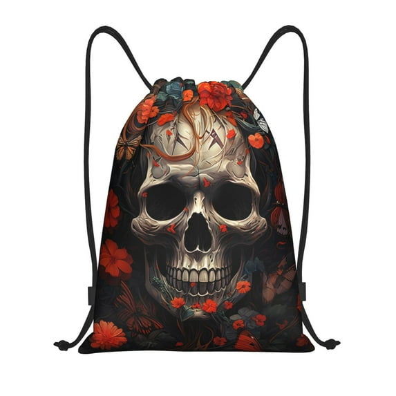 Kdxio Vintage Butterfly Flower Skull Print Drawstring Backpack Bag,Waterproof Draw String Back Sack, Gym Drawstring Bags Swim Bag For Unisex