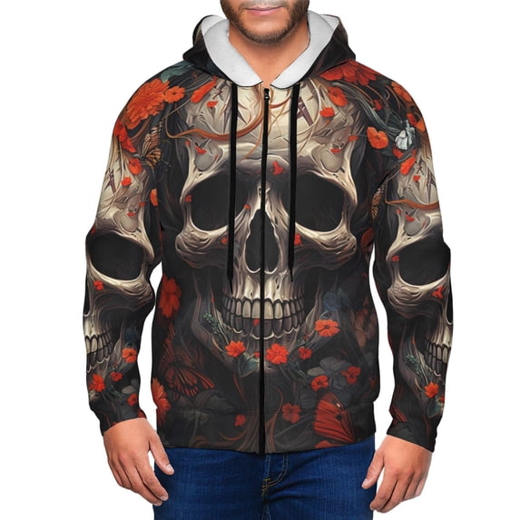Kdxio Vintage Butterfly Flower Skull Print Men Hoodies Casual Hoodies for Men with Zip Pockets Full Zip Long Sleeve Sweatshirt Sports Hooded Jacket-Medium