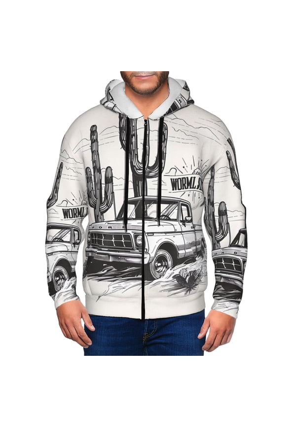 Vintage Cactus Pickup Print Men Hoodies Casual Hoodies for Men with Zip Pockets Full Zip Long Sleeve Sweatshirt Sports Hooded Jacket-Small
