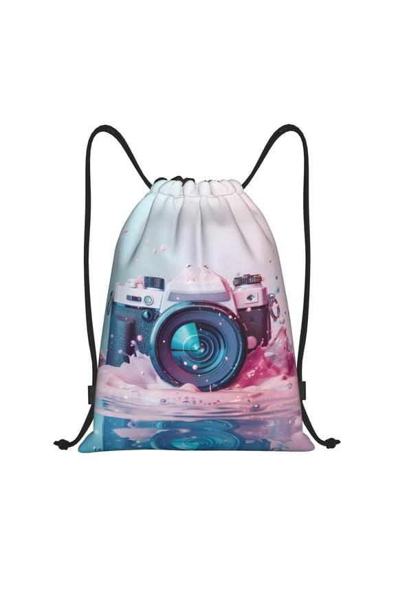Vintage Camera Splash Art Print Drawstring Backpack Bag,Waterproof Draw String Back Sack, Gym Drawstring Bags Swim Bag For Unisex