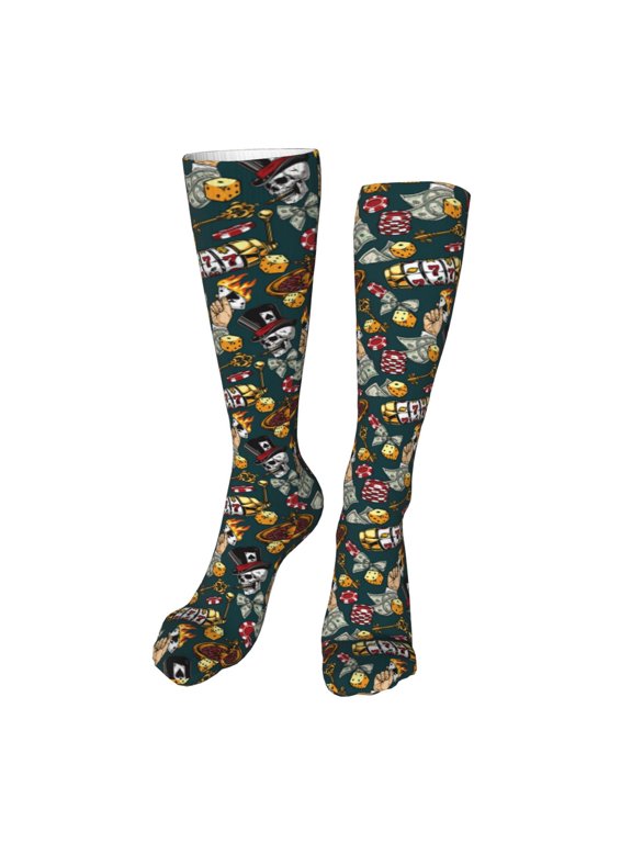 Vintage Casino Chips Funny Silky Novelty Funky Long Knee High Socks Soft 3D Print Cosplay Crazy Stockings for Men Women