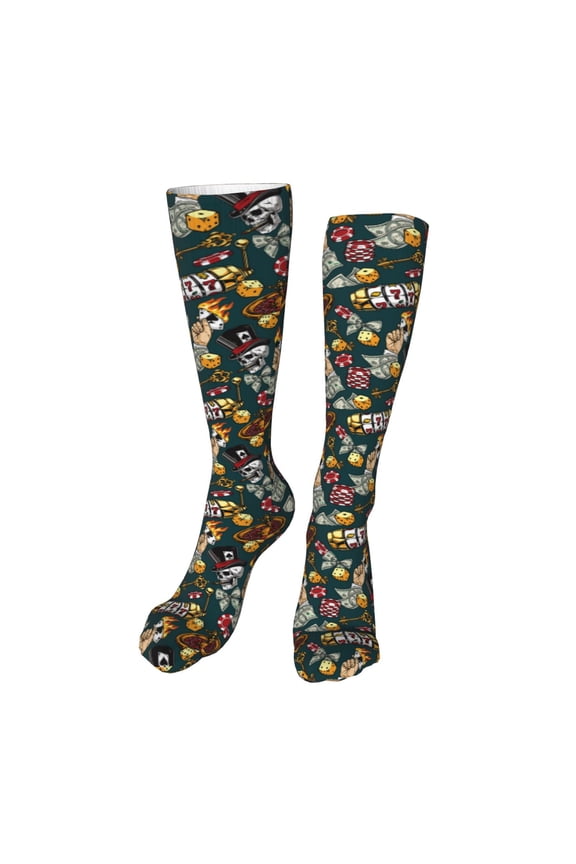 Vintage Casino Chips Funny Silky Novelty Funky Long Knee High Socks Soft 3D Print Cosplay Crazy Stockings for Men Women
