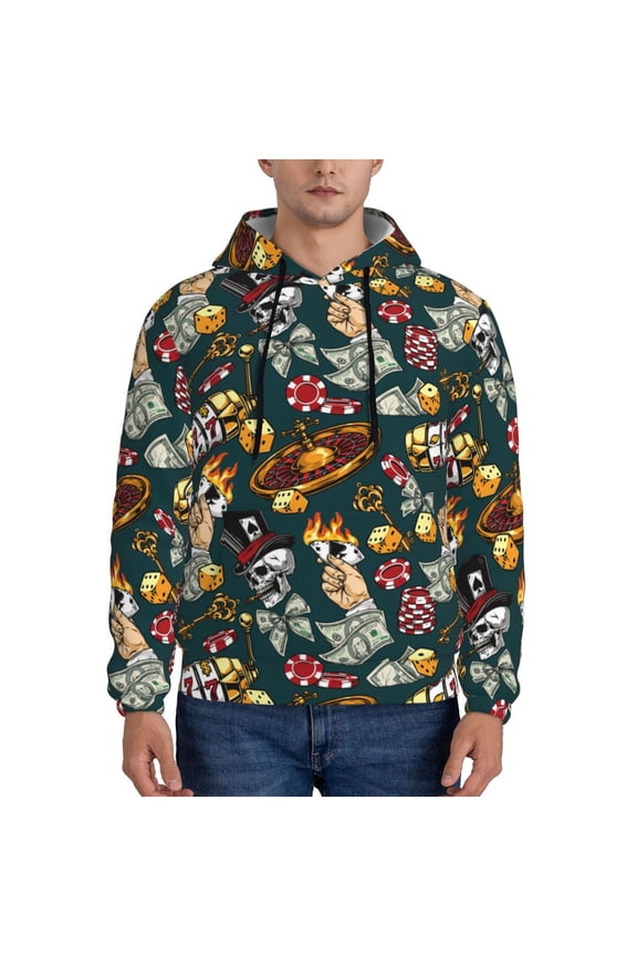 Vintage Casino Chips Print Mens Casual Hooded Collar Drawstring Hoodies Pullover Sweatshirts Casual Long Sleeve Shirts-Small
