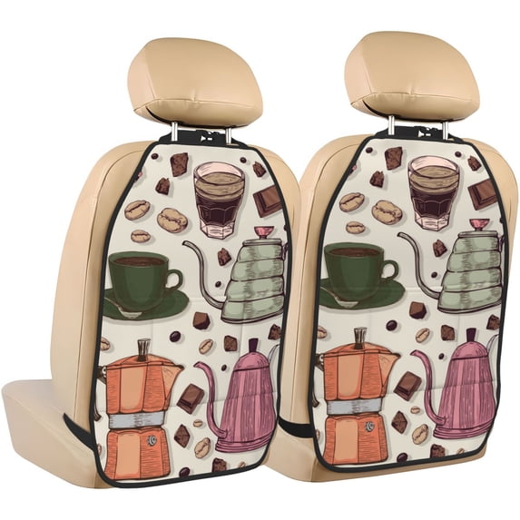 Kdxio Vintage Coffee Print 2 Pack Car Kick Mat Seat Cover Back Protector Mat with Pockets for Organizer Backseat Protector and Storage Anti Kick Pad for Vehicles