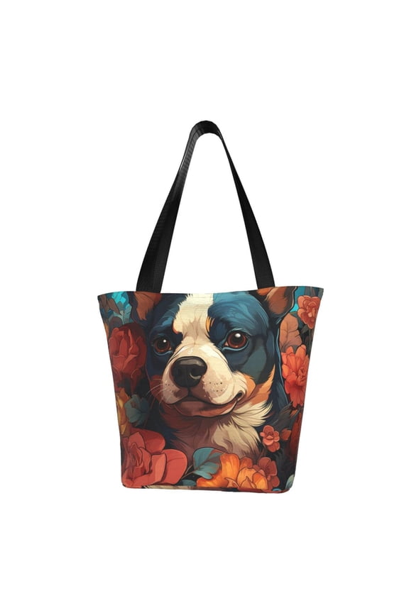 Vintage Colorful Flower French Bulldog Women Reusable Grocery Bags Foldable Ripstop,Reusable Shopping Bags for Shopping,Gym,Gift