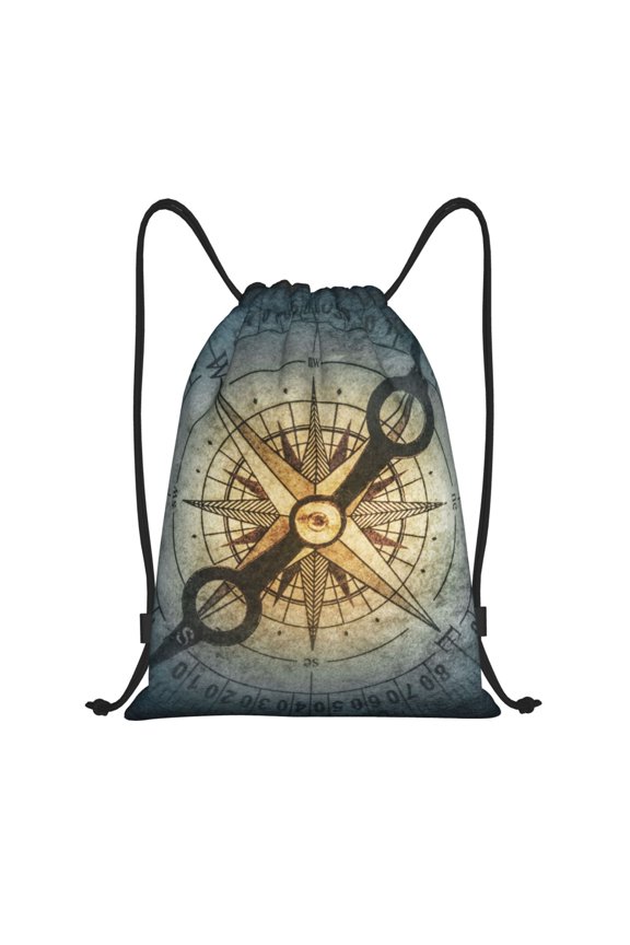 Vintage Compass Print Drawstring Backpack Bag,Waterproof Draw String Back Sack, Gym Drawstring Bags Swim Bag For Unisex