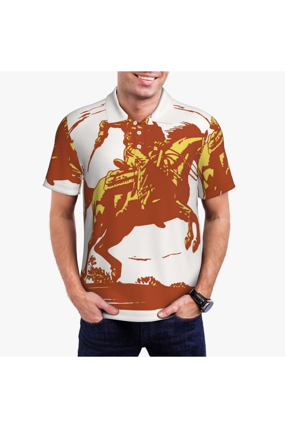 Vintage Cowboy On A Bronco Horse Print Men's Short Sleeve Polo Shirt,Midweight Men's Shirt-Medium