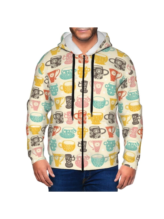 Vintage Cup Print Men Hoodies Casual Hoodies for Men with Zip Pockets Full Zip Long Sleeve Sweatshirt Sports Hooded Jacket-Large