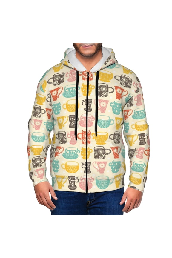 Vintage Cup Print Men Hoodies Casual Hoodies for Men with Zip Pockets Full Zip Long Sleeve Sweatshirt Sports Hooded Jacket-Small