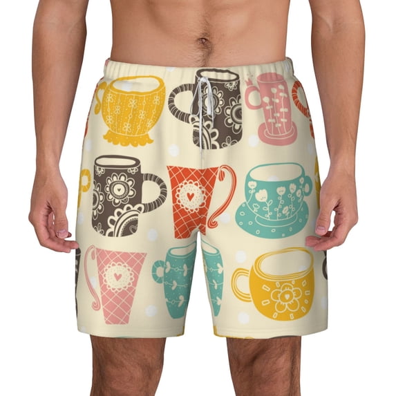 Kdxio Vintage Cup Print Men'S Swim Trunks With Compression Liner 7 Inch Inseam Quick Dry Swim Shorts