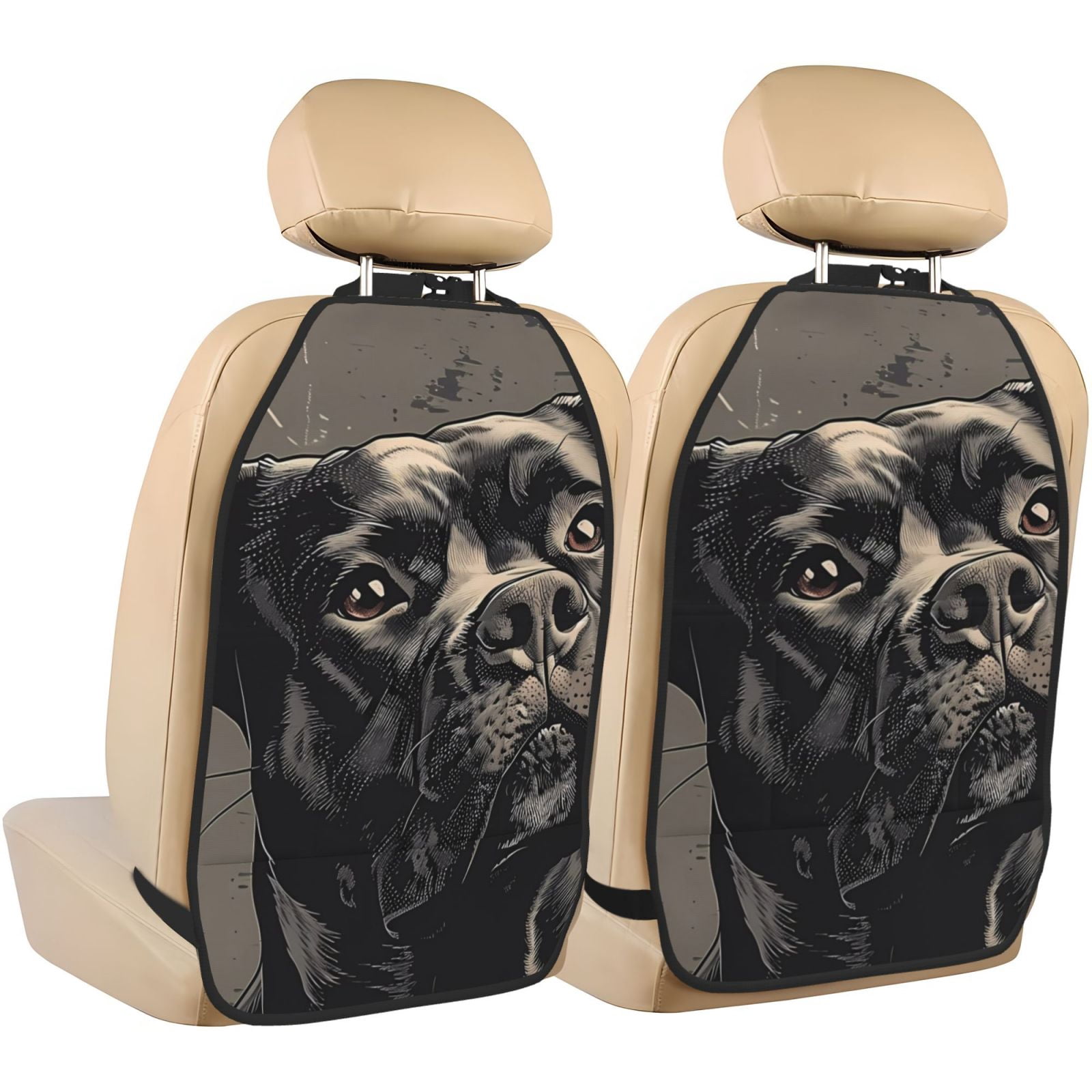 Kdxio Vintage Dog Illustration Print 2 Pack Car Kick Mat Seat Cover Back Protector Mat with Pockets for Organizer Backseat Protector and Storage Anti Kick Pad for Vehicles
