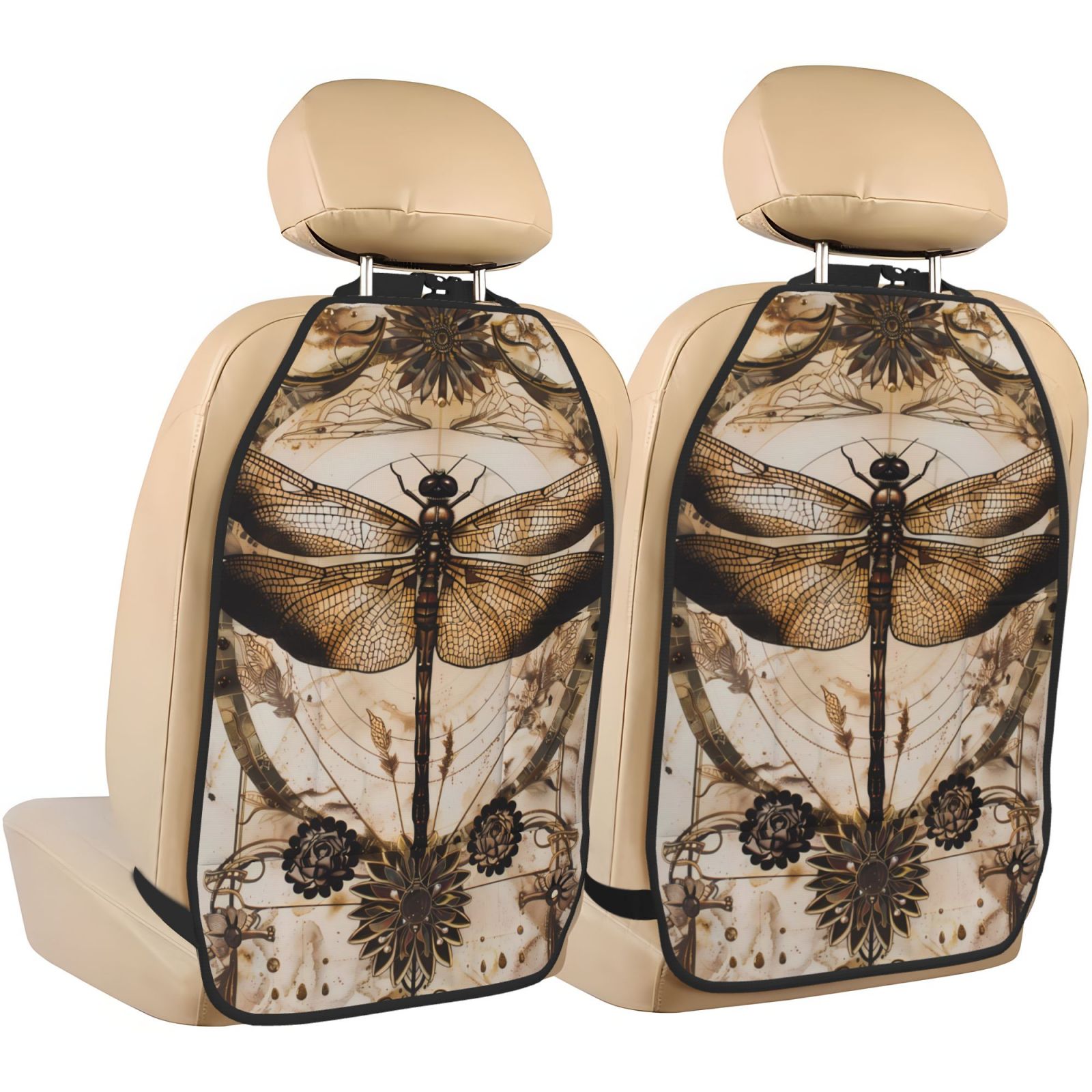 Kdxio Vintage Dragonfly Artwork Print 2 Pack Car Kick Mat Seat Cover Back Protector Mat with Pockets for Organizer Backseat Protector and Storage Anti Kick Pad for Vehicles