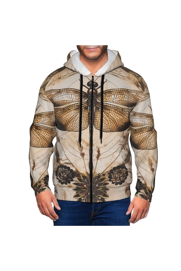 Vintage Dragonfly Artwork Print Men Hoodies Casual Hoodies for Men with Zip Pockets Full Zip Long Sleeve Sweatshirt Sports Hooded Jacket-Medium