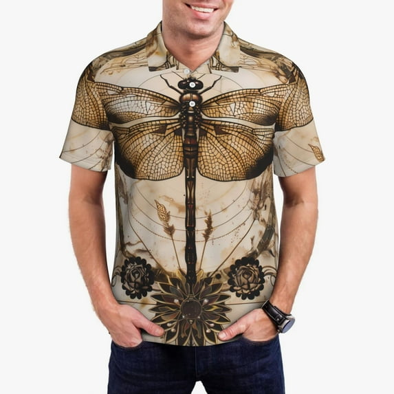 Kdxio Vintage Dragonfly Artwork Print Men's Short Sleeve Polo Shirt,Midweight Men's Shirt-XX-Large