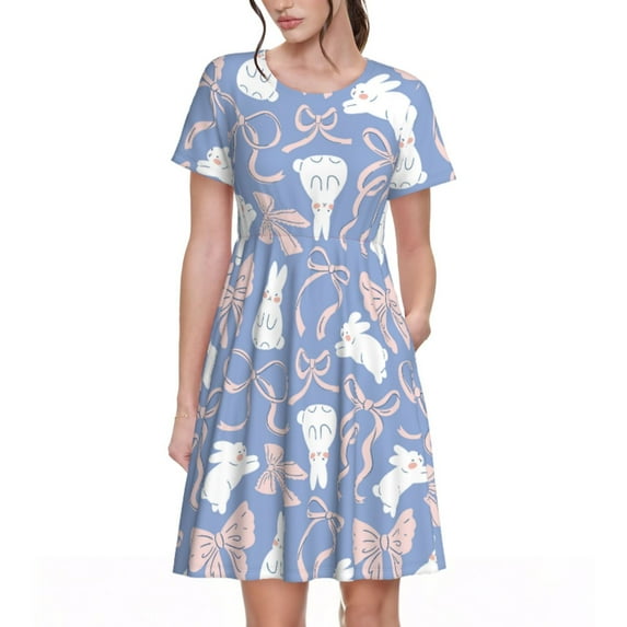 Kdxio Vintage Easter Pattern Summer Dresses for Women Casual Tshirt Short Sleeve Floral Sundress Beach Cover Ups with Pockets