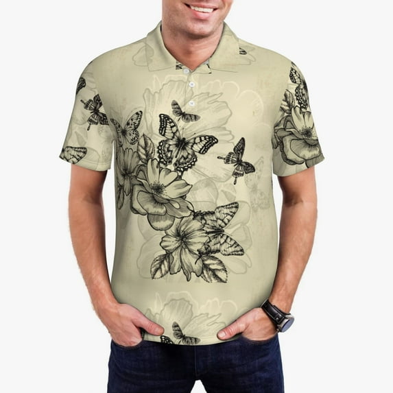 Kdxio Vintage Floral Print Men's Short Sleeve Polo Shirt,Midweight Men's Shirt