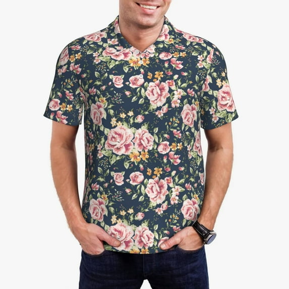 Kdxio Vintage Floral Print Men's Short Sleeve Polo Shirt,Midweight Men's Shirt