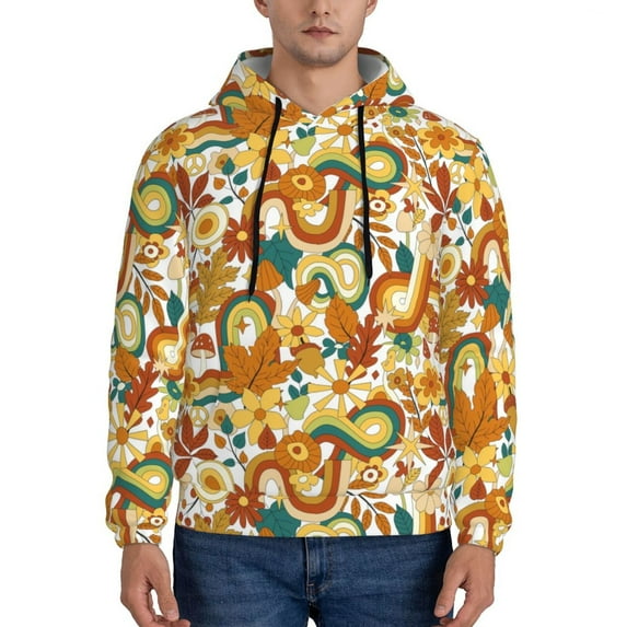 Kdxio Vintage Floral Print Mens Casual Hooded Collar Drawstring Hoodies Pullover Sweatshirts Casual Long Sleeve Shirts-XX-Large