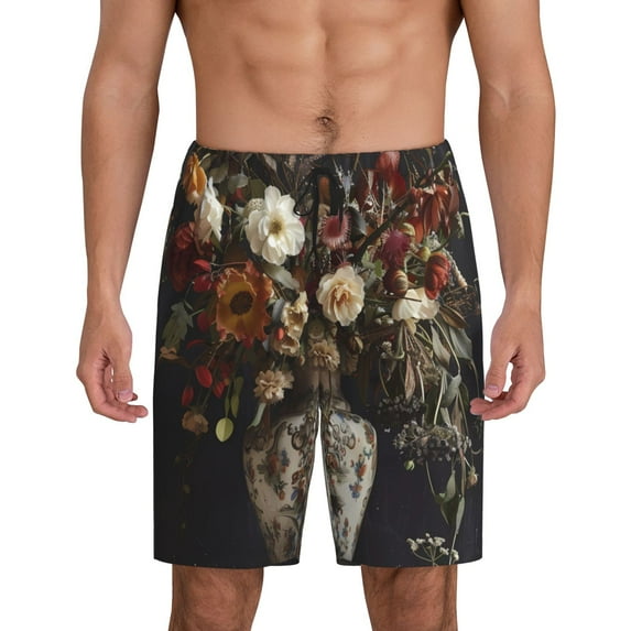 Kdxio Vintage Floral Vase A Print Mens Sleep Shorts Bottoms Soft Comfy Pajama Wear Pants with Drawstring Pockets