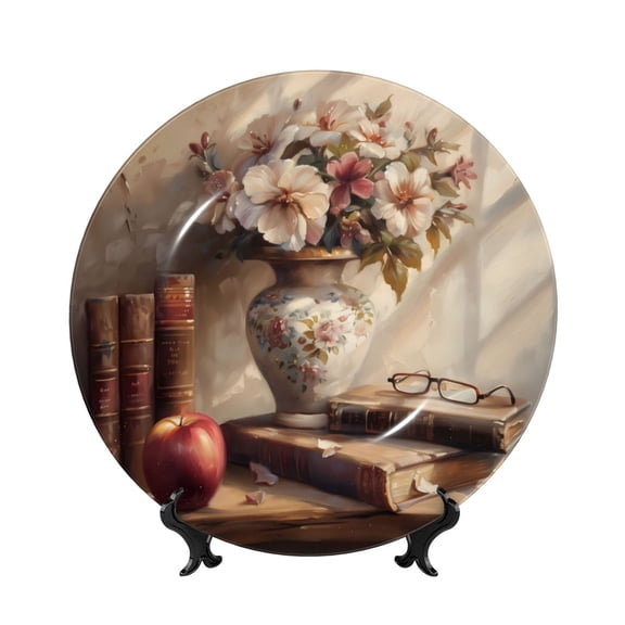 Kdxio Vintage Floral Vase With Books Bone China Decorative Plate Ceramic Decorative Plate for Home Office Wall Stand Decorative Plates for Home Bedroom-8in