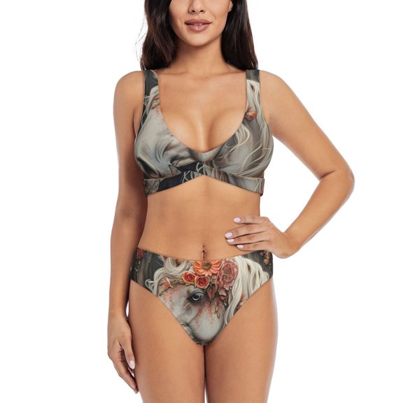 Kdxio Vintage Floral White Horse Print Women's 2 Piece High Waisted Wrap Spaghetti Strap Summer Swimsuit Bikini Set-XX-Large