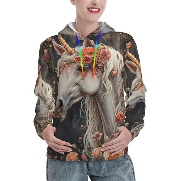 Kdxio Vintage Floral White Horse Print Womens Oversized Hoodies Sweatshirts Hooded Pullover Tops Sweaters Casual-Medium