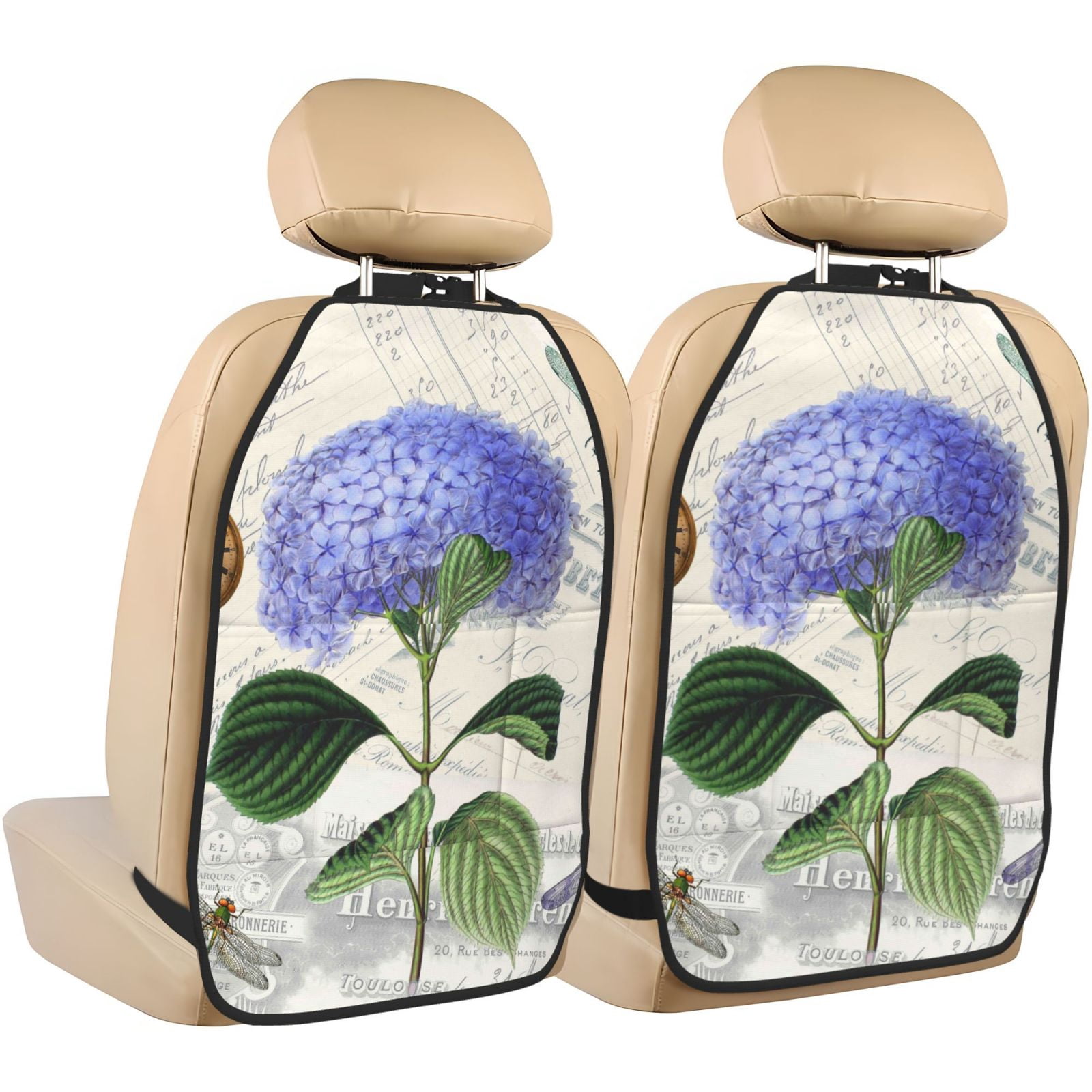 Kdxio Vintage Flower Print 2 Pack Car Kick Mat Seat Cover Back Protector Mat with Pockets for Organizer Backseat Protector and Storage Anti Kick Pad for Vehicles