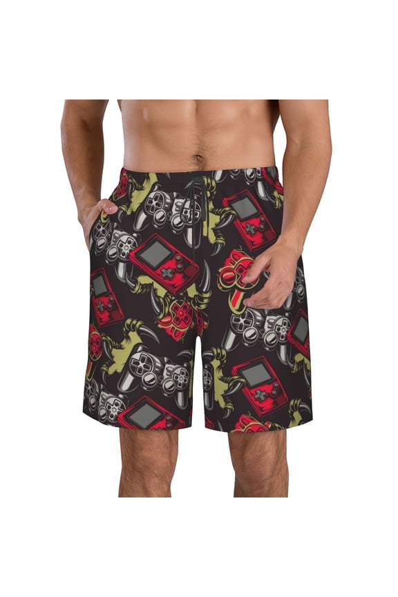 Vintage Gaming Pattern Mens Casual Shorts - Drawstring Summer Beach Sports Shorts for Men