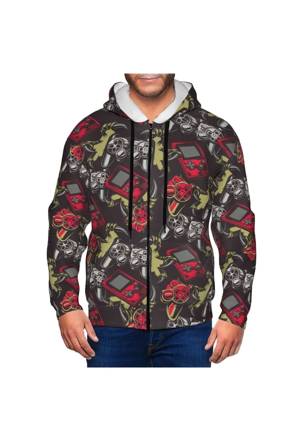 Vintage Gaming Print Men Hoodies Casual Hoodies for Men with Zip Pockets Full Zip Long Sleeve Sweatshirt Sports Hooded Jacket-Medium