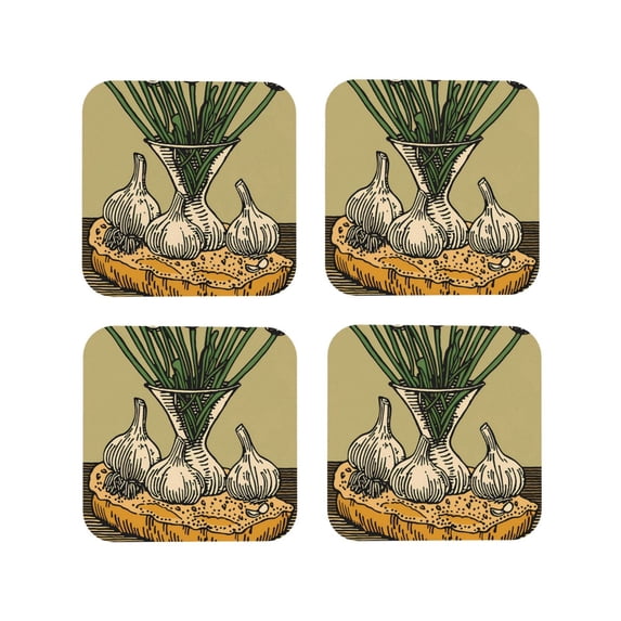 Kdxio Vintage Garlic Bread Illustration Funny Coasters,4 Pcs Leather Coasters,Housewarming Gifts,Protect Furniture from Water Marks Scratch and Damage