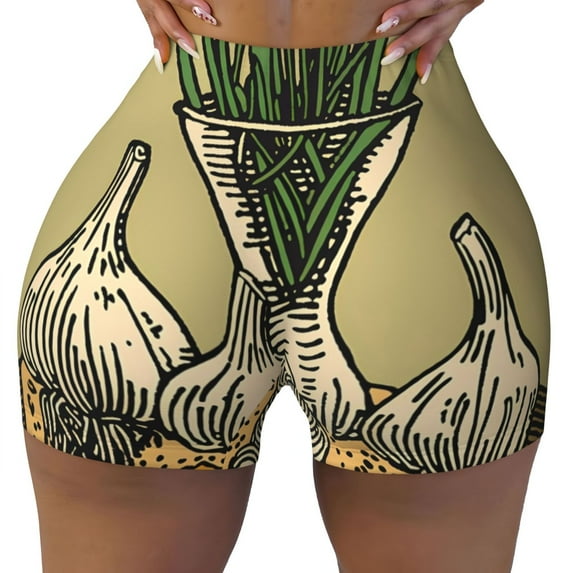 Kdxio Vintage Garlic Bread Illustration Print Workout Shorts for Women Seamless Soft Smooth Gym Yoga Scrunch Active Shorts